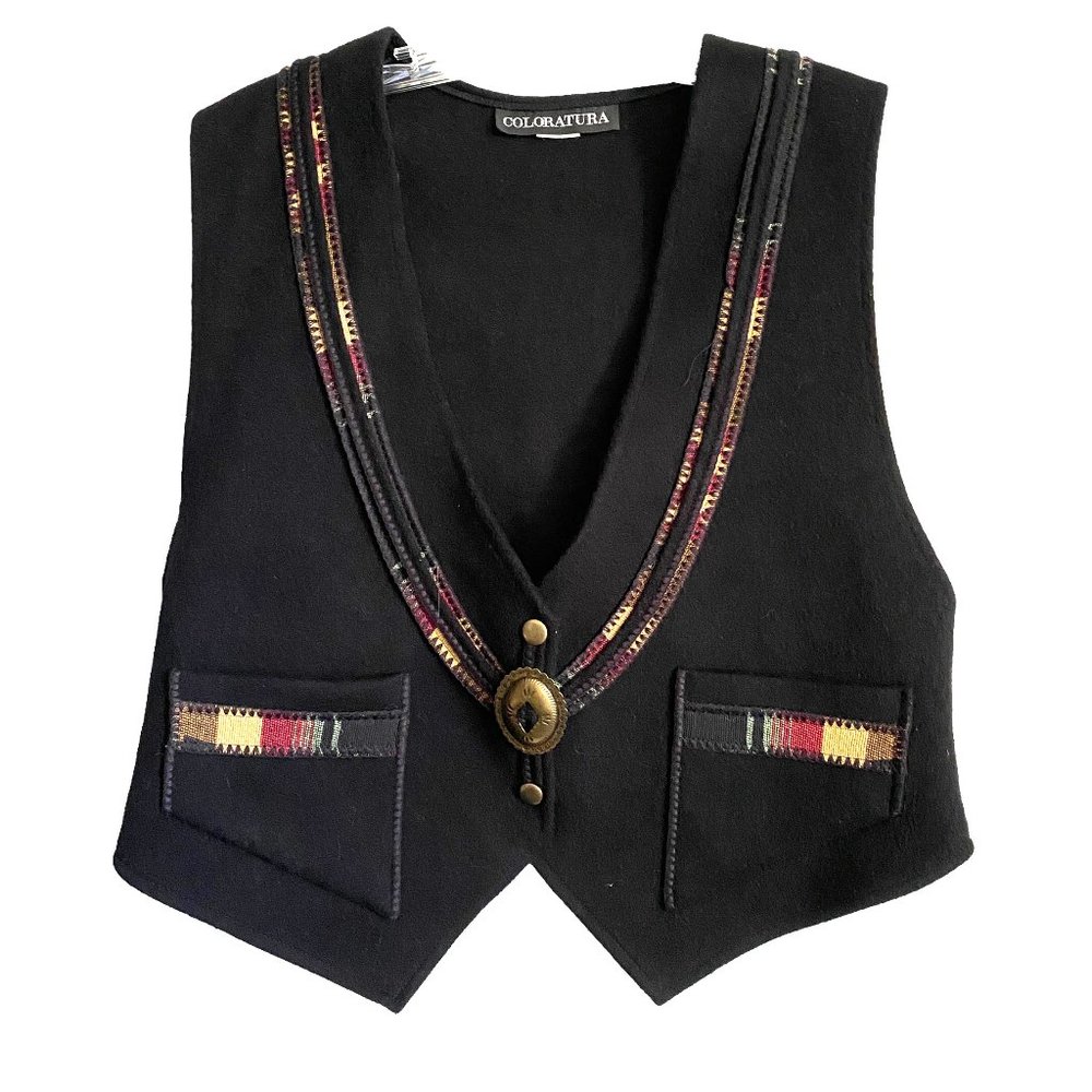 Vtg Coloratura Wool Embroidered Southwestern Vest Blanket Brass Buckle Western M